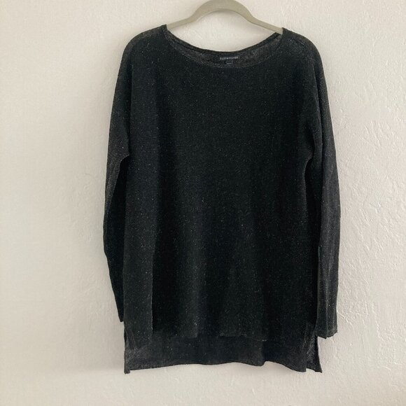 Eileen Fisher Linen Blend Crepe Sparkle Black Shirt Long Sleeve Boat Neck Party - Picture 1 of 11